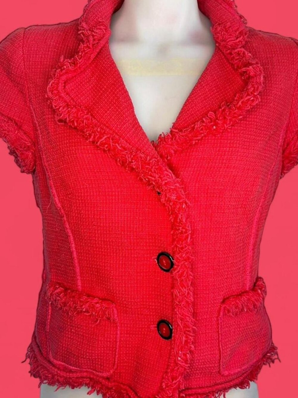 Coral pink tweed short-sleeve blazer by Worth